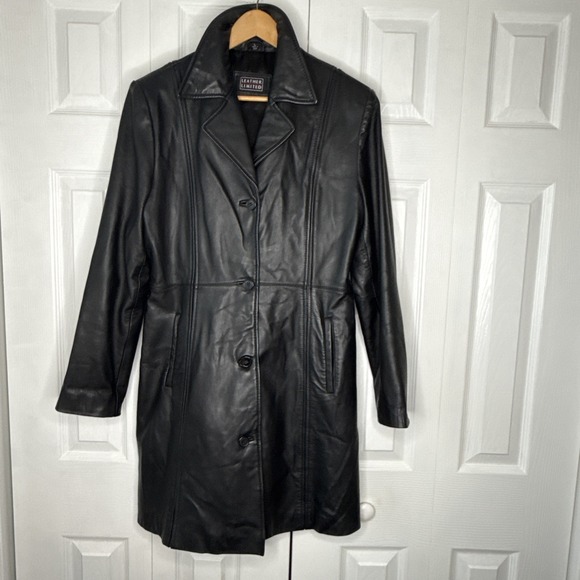 Casual Corner Jackets & Blazers - Genuine Leather Limited Women's Black Size Large, Long, Trenchcoat Jacket EUC
